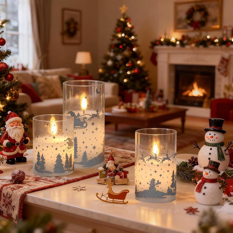 DRomance Reindeer Glass Flameless Candles Battery Operated with Remote and Timer Real Wax Silver Glitter 3D Wick LED Flickering Candles Warm Light Indoor Christmas Holiday Decor 3" D x 4", 5", 6" H - Image 3
